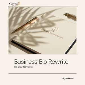 business portfolio, elegant gold pen, Ollywo golden peacock feather logo, neutral tones, palm tree leaf silhouette