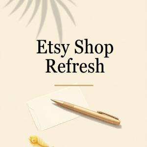 Etsy Shop Refresh, gold pen, gold peacock feather, paper, and plant silhouette on neutral tones